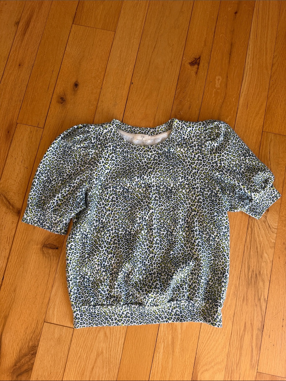 T.La Leopard Print Puff Sleeve Top - Light Green & Blue Size Small - C69-037